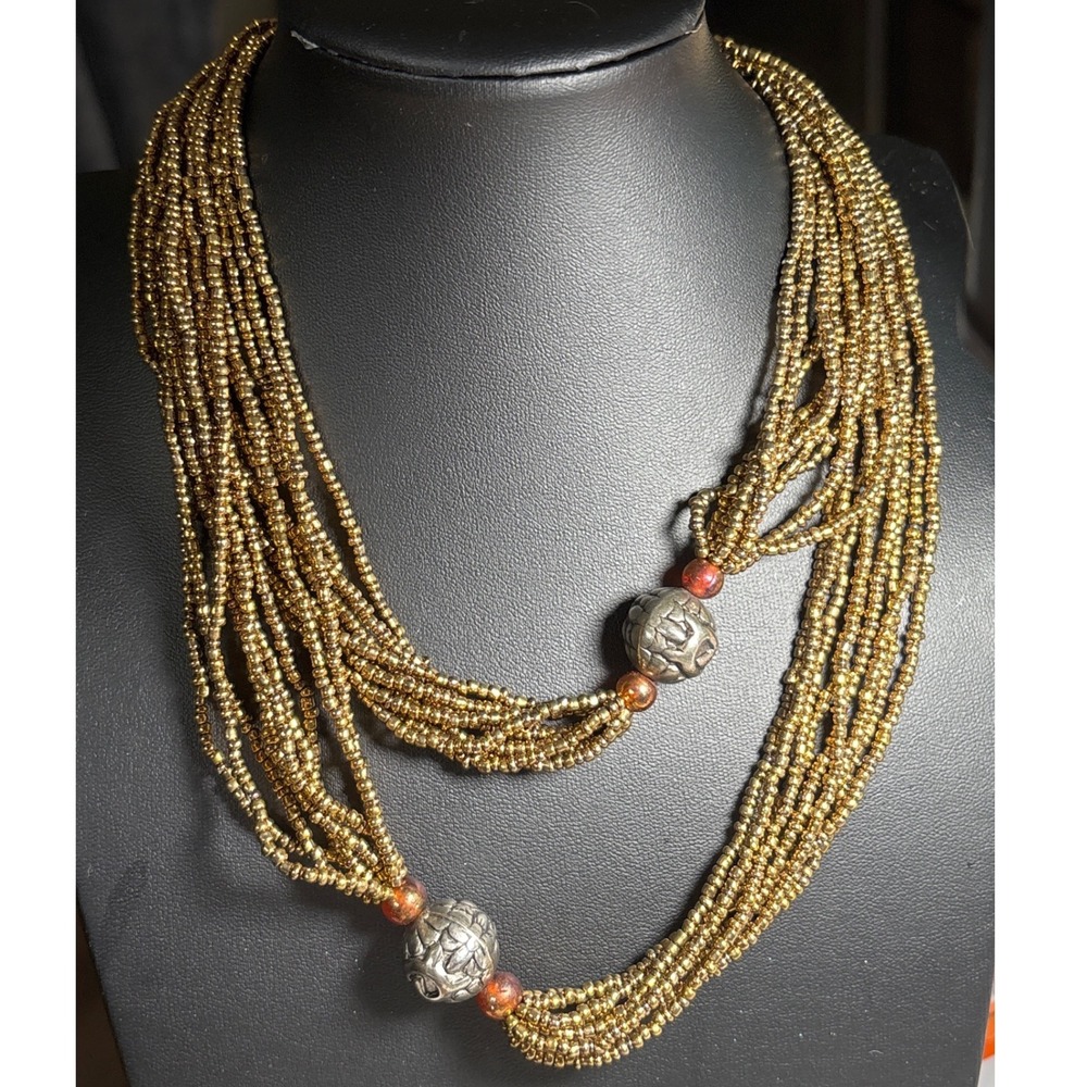 Higher Ground Nepal Multi Strand Seed Bead Necklace Gold Silver Floral Focal